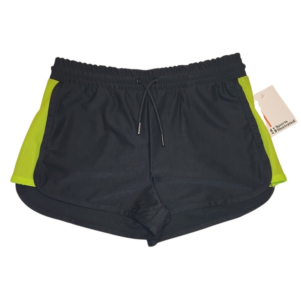 Sports Illustrated Womens Black Neon Lime Green Mesh Athletic Shorts XL 16 NWT